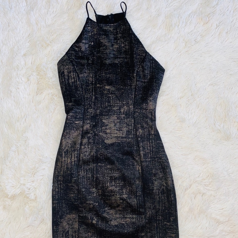 High neck black and gold metallic open back dress